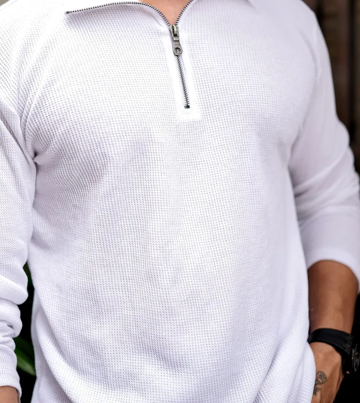White Slim-Fit V-Neck Casual Button Shirt