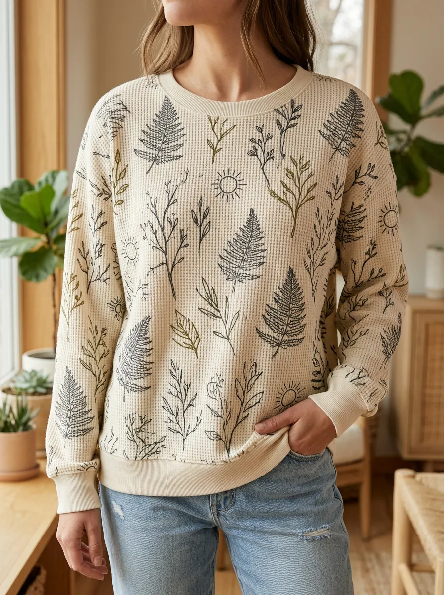 Women's Nature Lover Fern Sun Botanical Printed Waffle Knit Sweatshirt