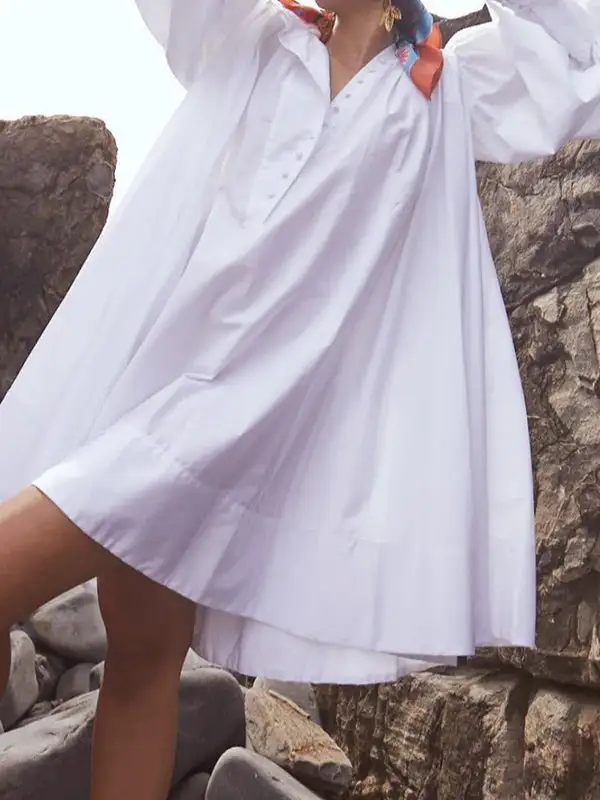 Long Sleeve Relaxed Buttoned Solid Color Stand Collar Mini Dress Shirt