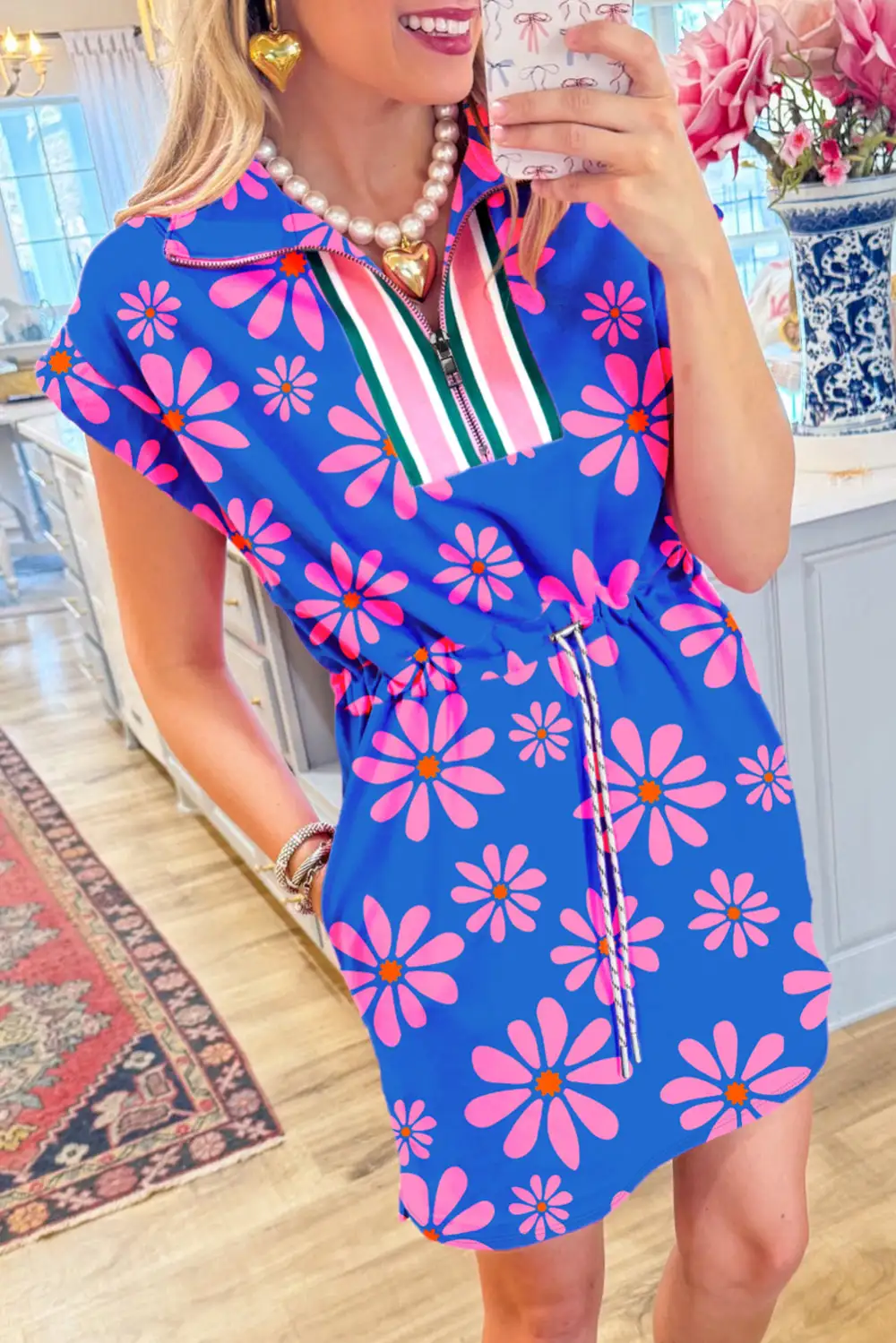 Quarter Zip Cap Sleeve Drawstring Waist Mini Dress