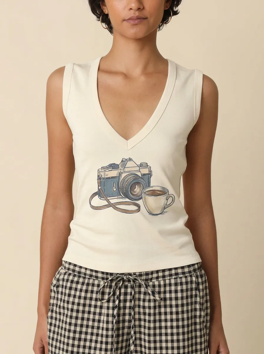 Women's Photography Coffee-Inspired Camera Cup Printed Tank Top