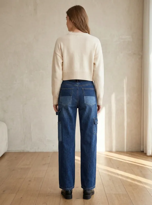 Women's Casual Patchwork Denim High-Waisted Cargo Jeans