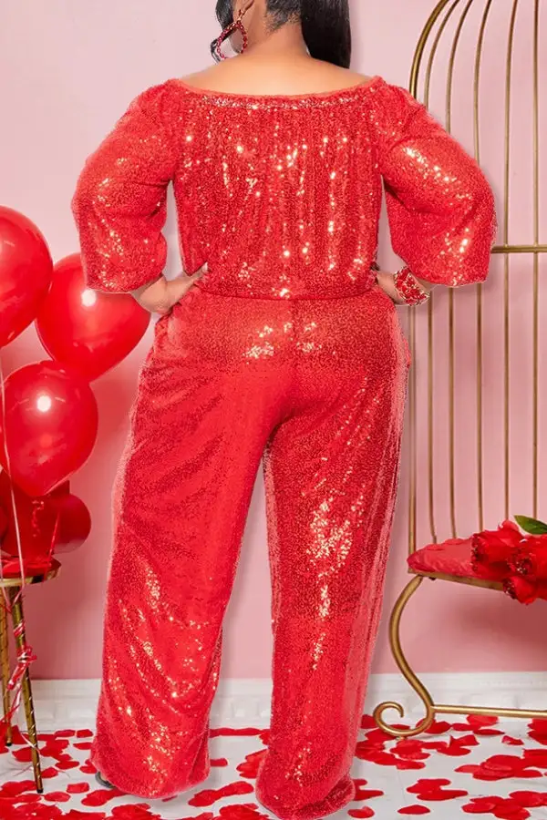 Sequin Off-Shoulder Long Sleeve Jumpsuit