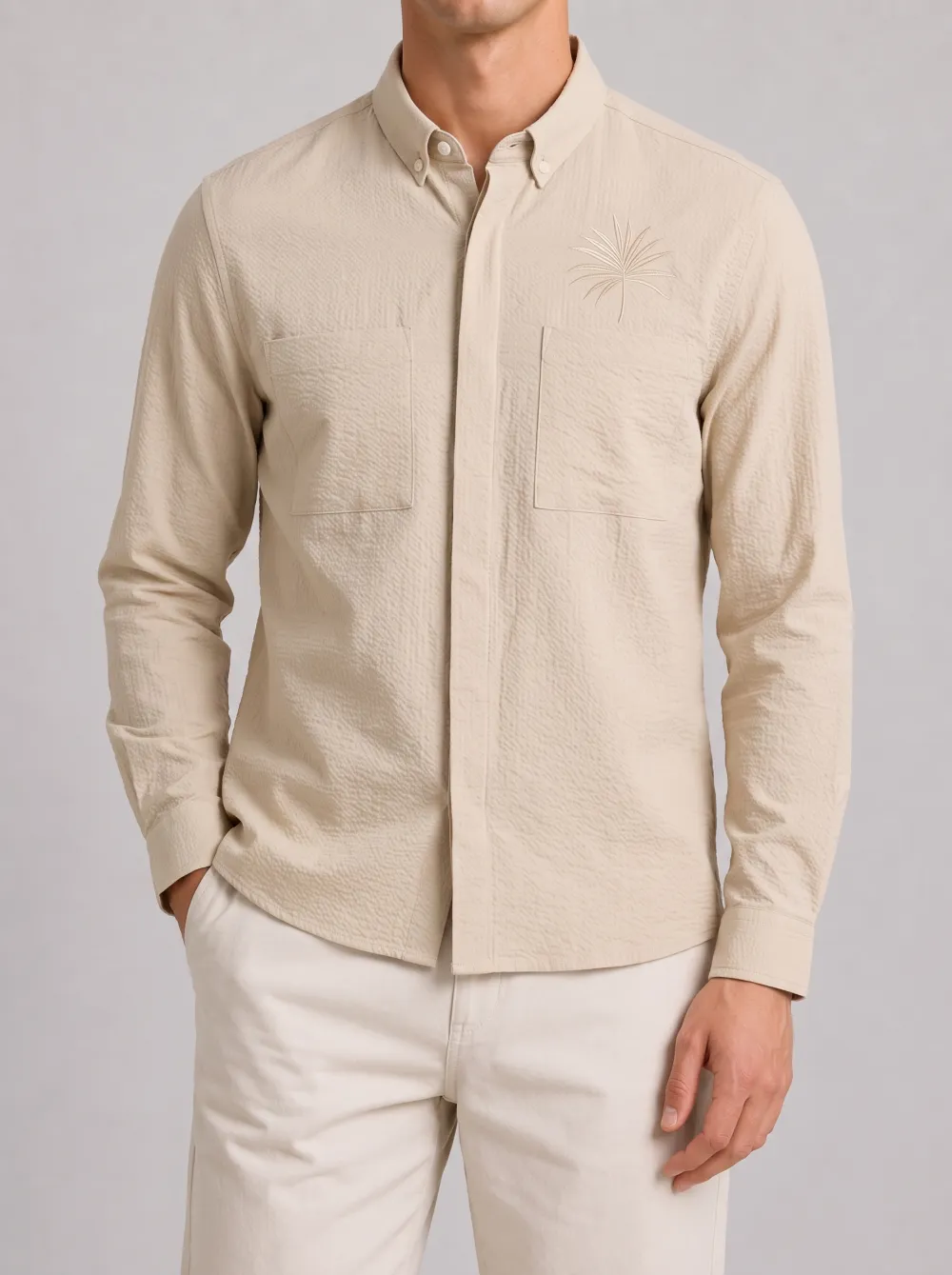 Men's Tropical Beach Lover Palm Tree Embroidered Button-Down Shirt