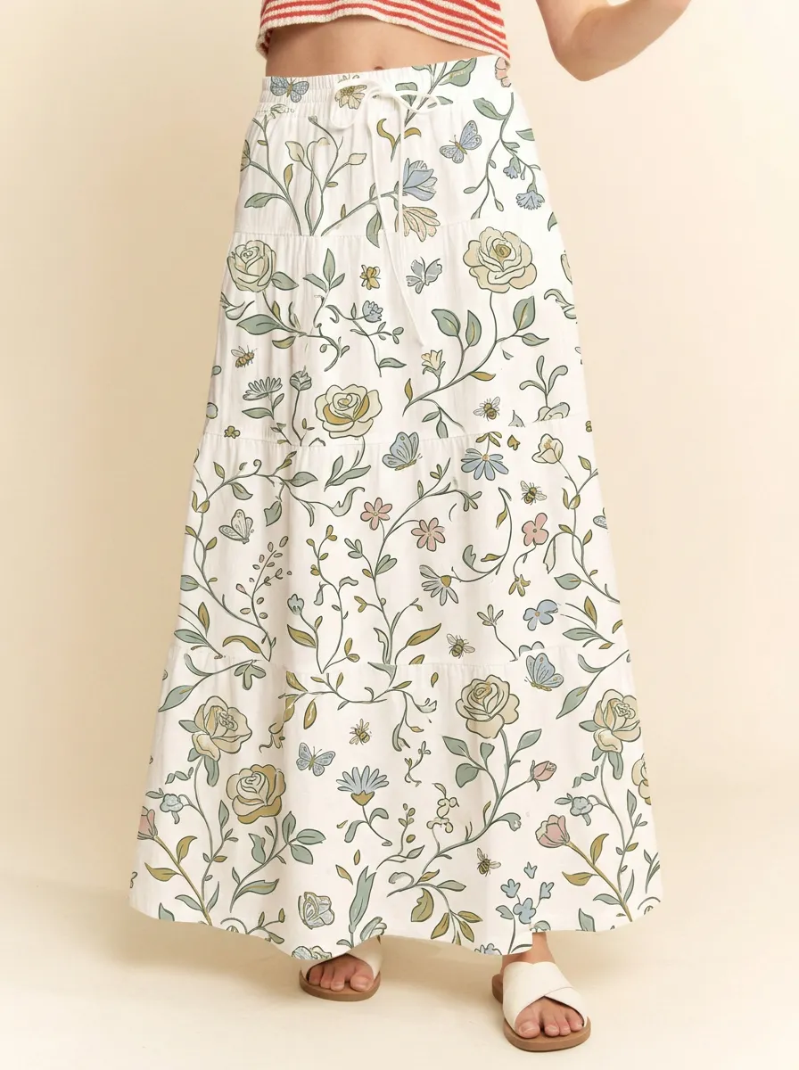 Women's Floral Butterfly Botanical Printed Tiered Maxi Skirt