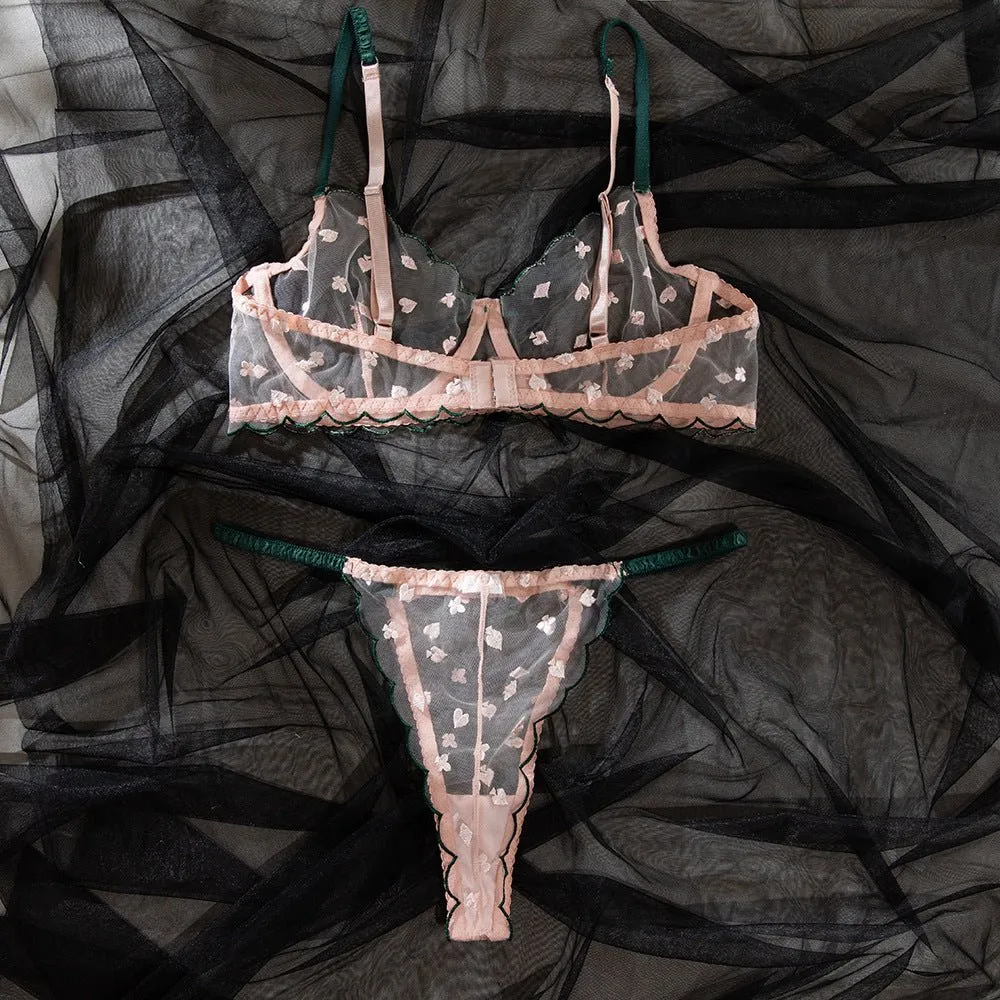 Card Pattern Sheer Lace Underwire Bra Set