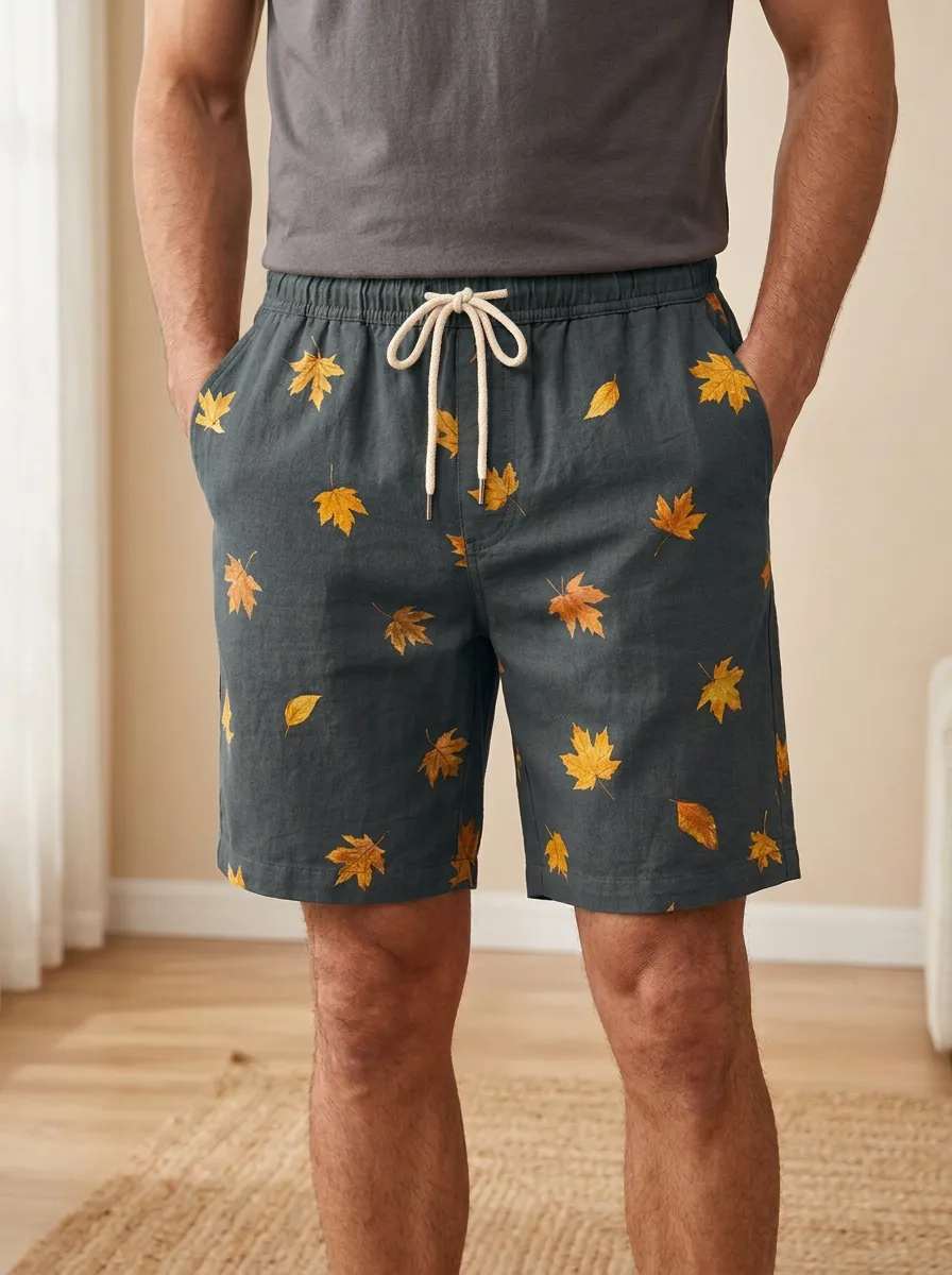 Maple Leaf Print Elastic Waist Elastic Waist Shorts