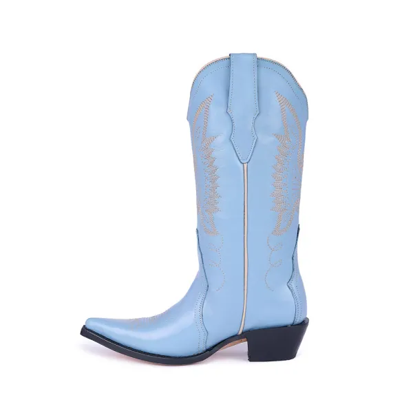 Modern Faux-Leather Embroidered Snip-Toe Block-Heel Mid-Calf Boots