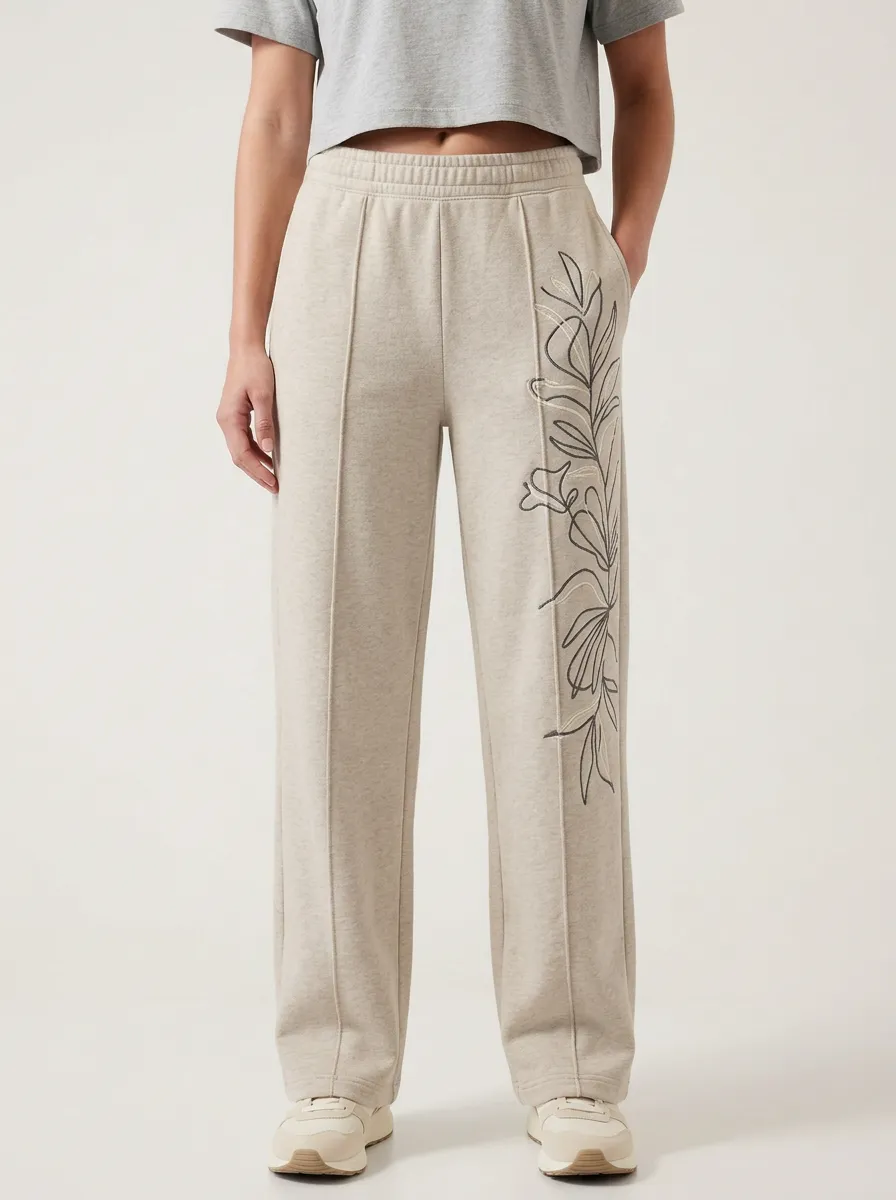 Women's Beige Embroidered Wide-Leg Sweatpants
