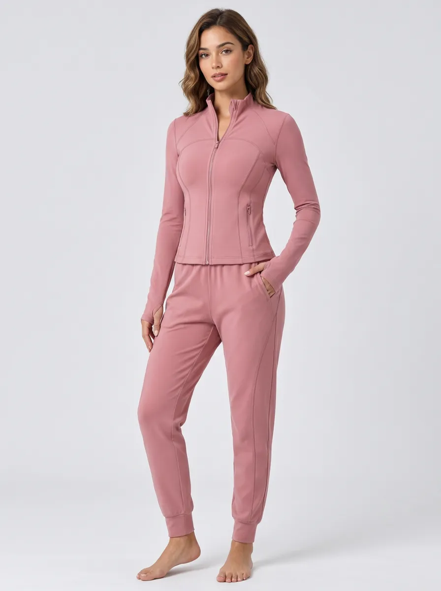 Women's Athletic Yoga Fitness Dusty Pink Zip-Up Tracksuit Set