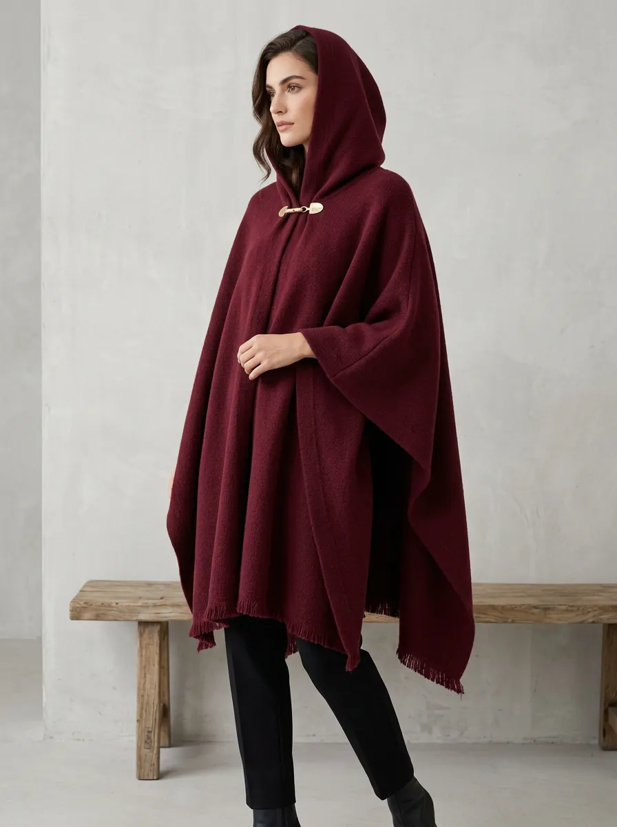 Hooded Fringed Clasp-Front Women's Cape Poncho