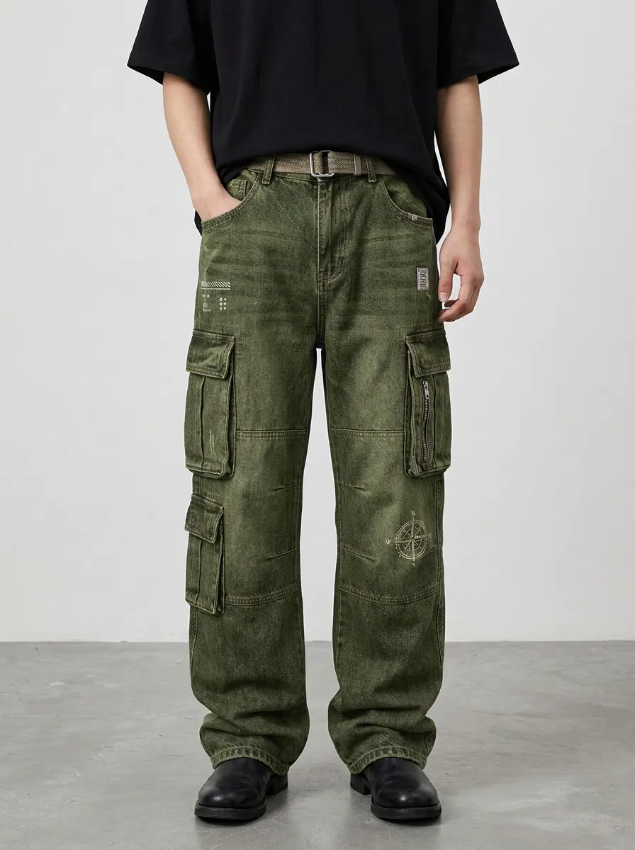 Men's Vintage Compass Graphic Distressed Denim Cargo Jeans