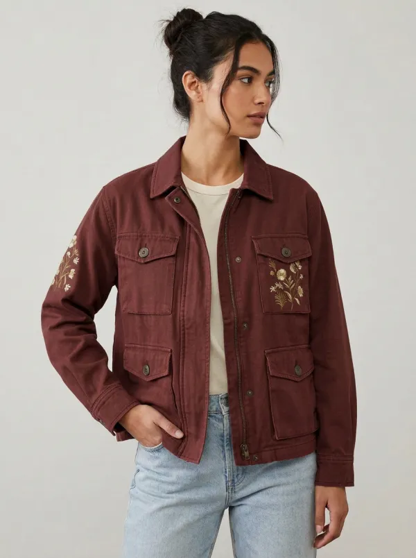 Women's Floral Embroidery Olive Green Utility Printed Jacket