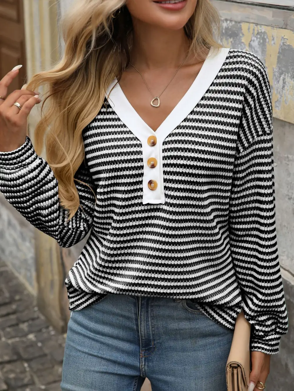 Button Down V Neck Top