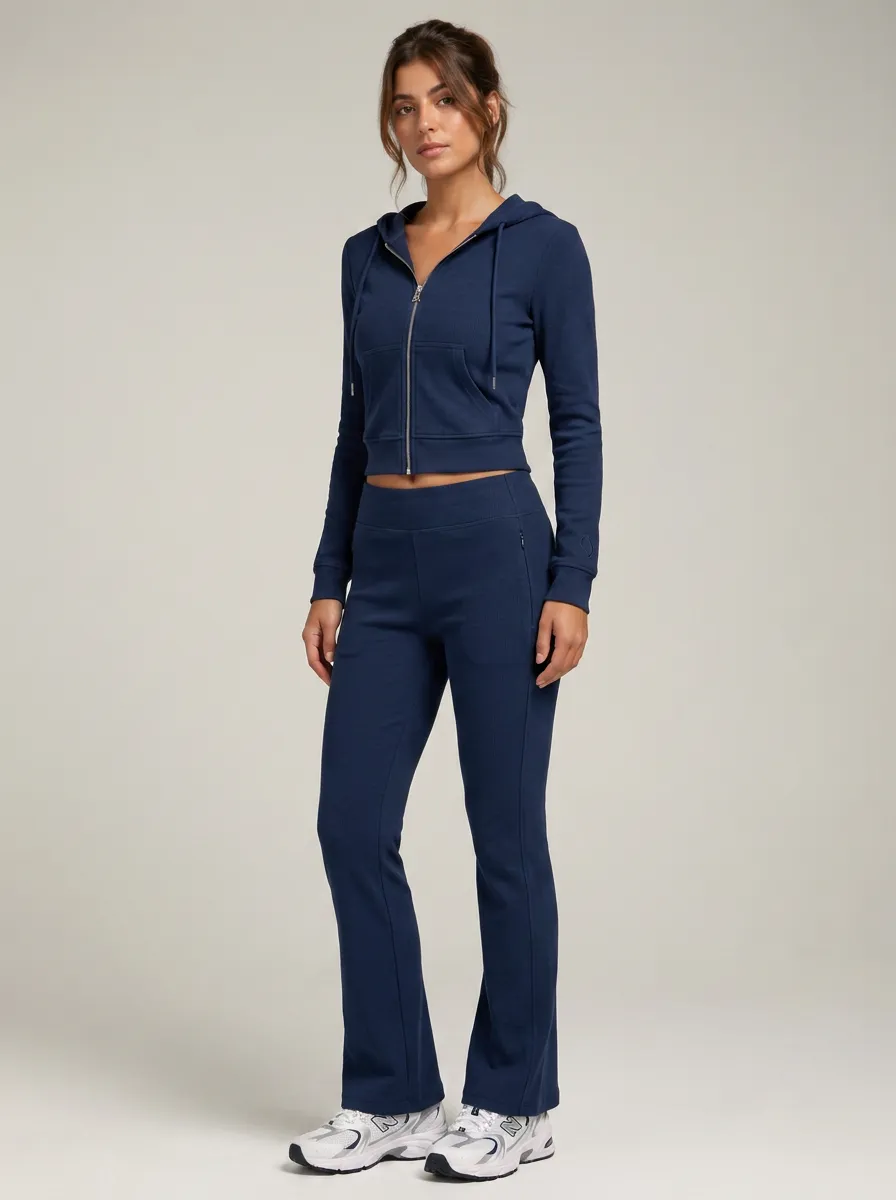 Women's Navy Blue Ribbed Zip-Up Hoodie and Flare Leggings Set