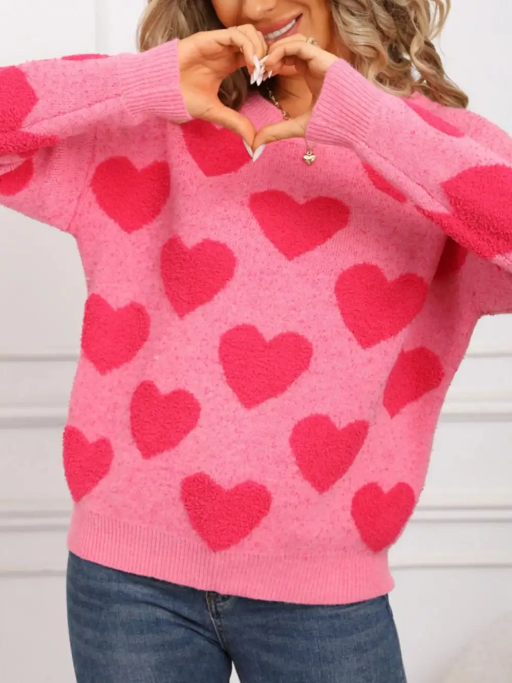 Textured Valentine's Day Heart Pattern Round Neck Sweater