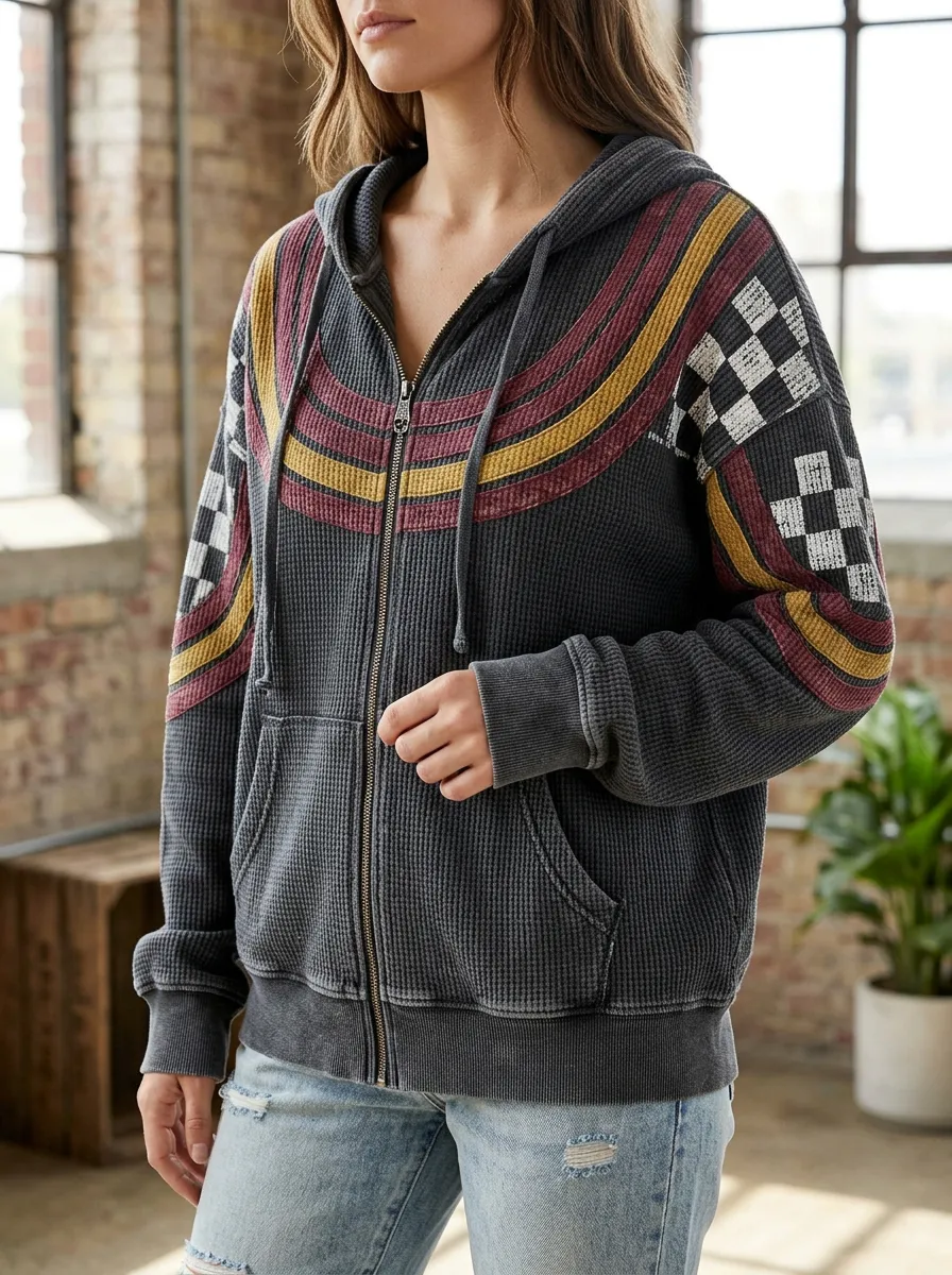 Women's Vintage Retro Stripe Checkerboard Printed Waffle Zip Hoodie