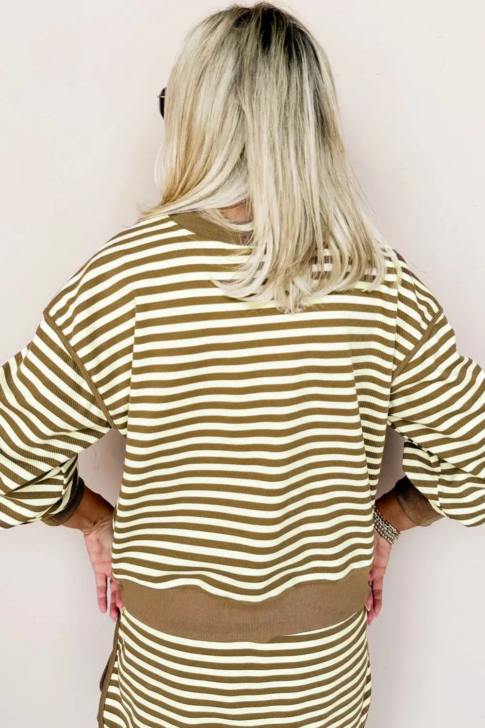 Lightweight Feel Striped Drawstring Drop Shoulder Skirt Set