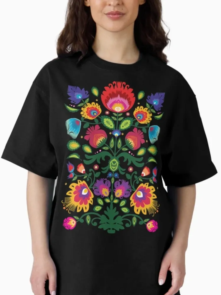 Women's Stylish Folk Art Floral Print Crew Neck Short-Sleeve T-Shirt