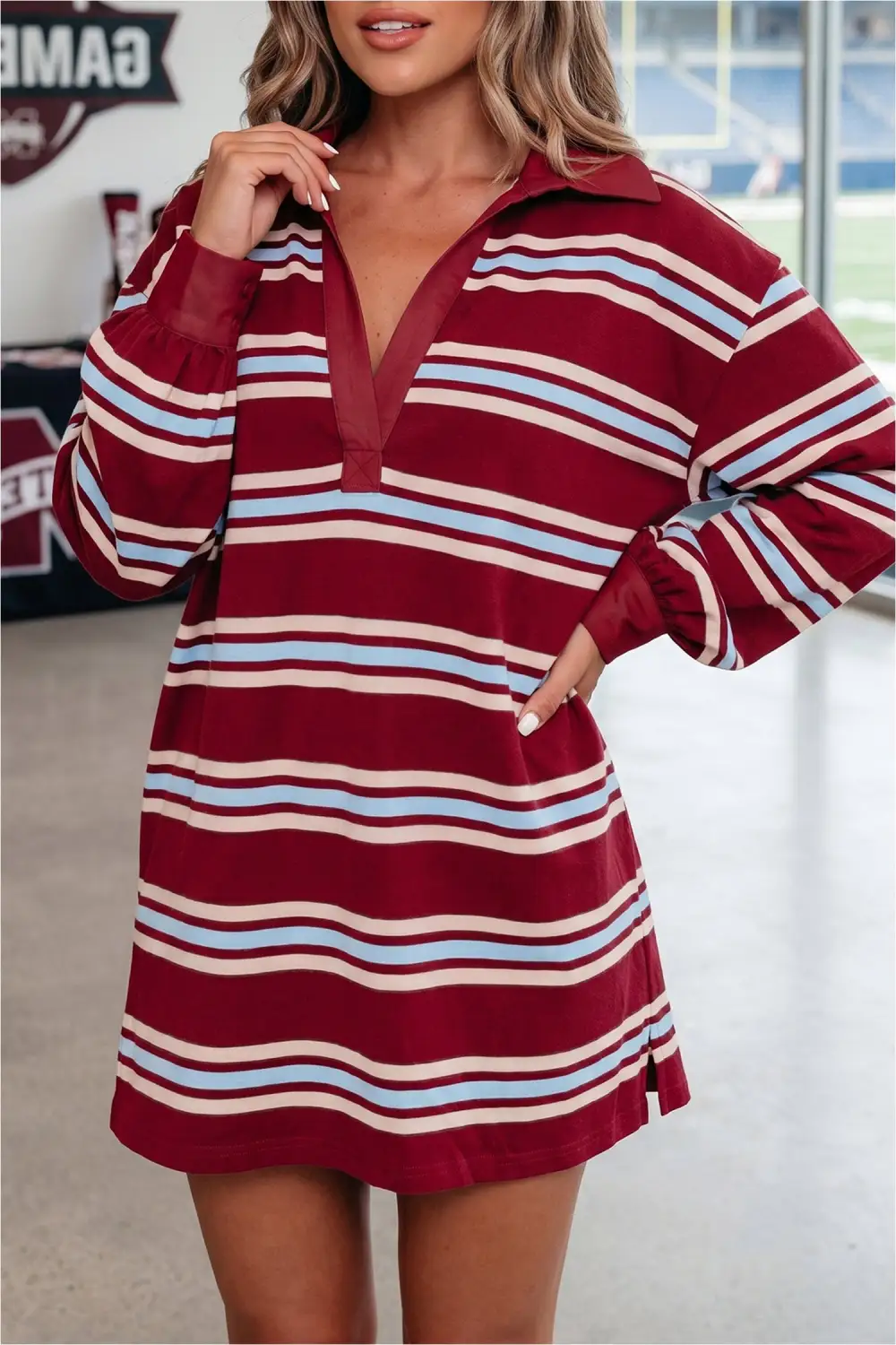 Women's Striped Long Sleeve Shift T Shirt Top Mini Dress