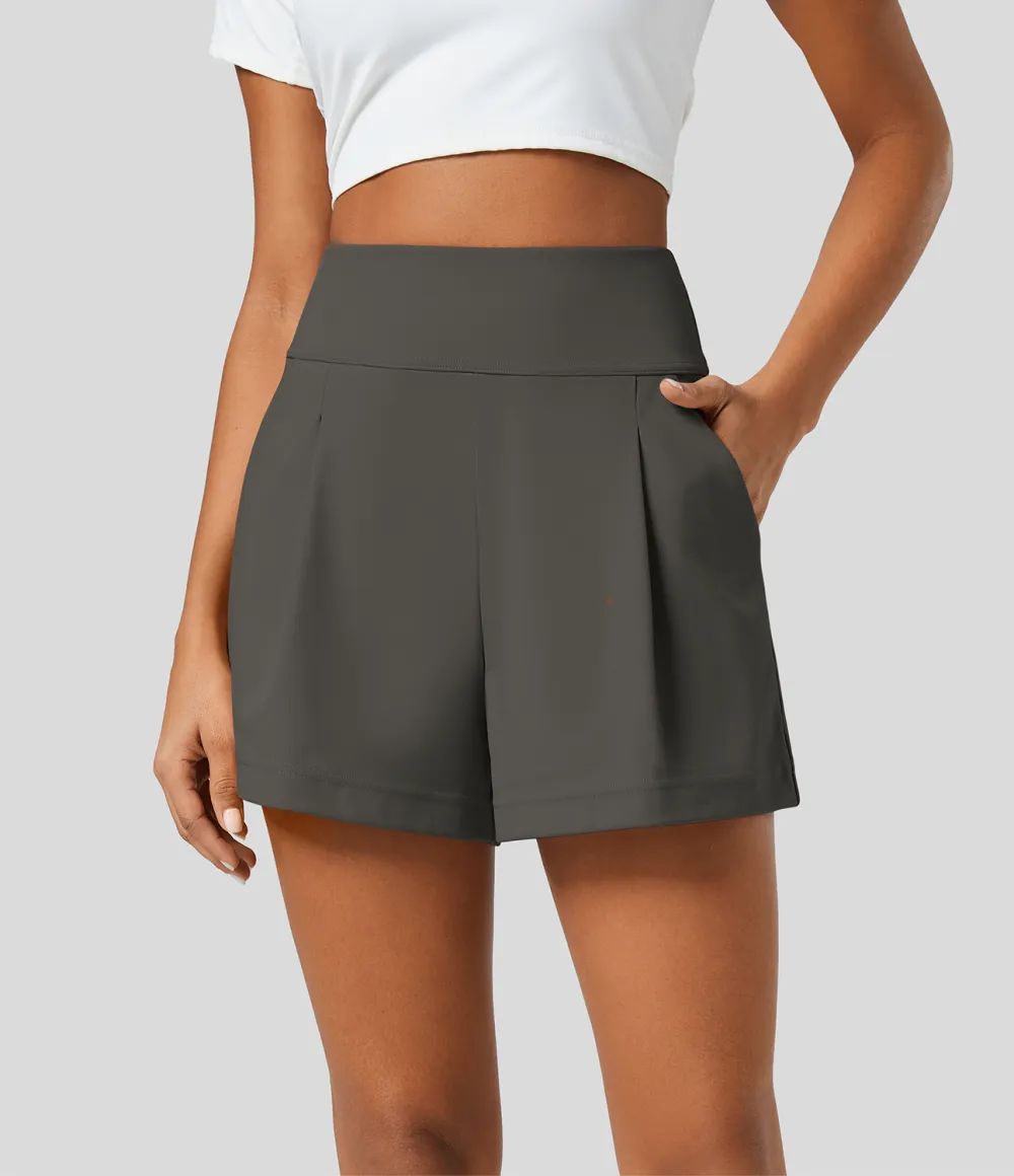 High Waisted Plicated Side Pocket Wide Leg Work Shorts
