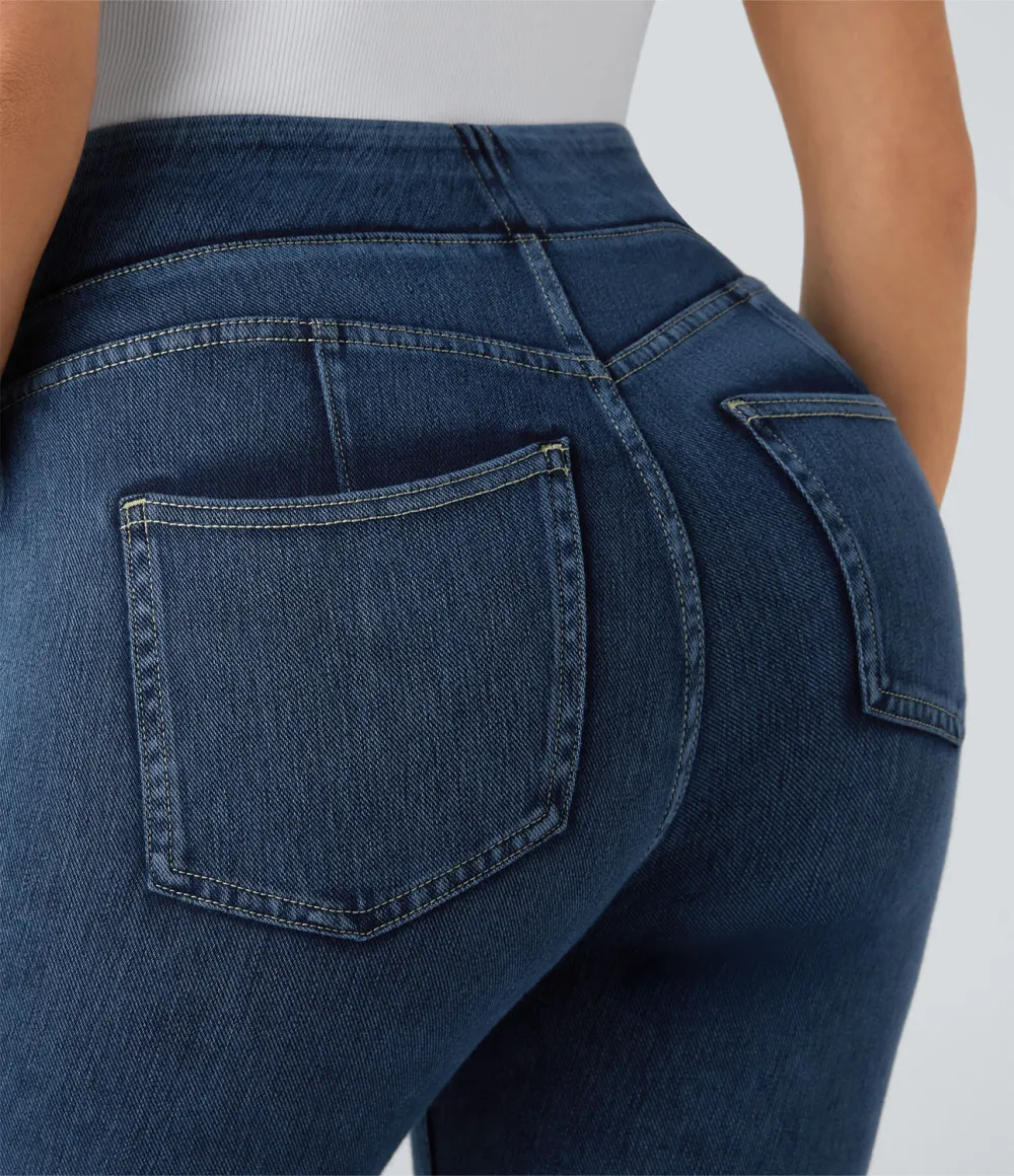 Magic Curvy High Waisted Decorative Button Multiple Pockets Stretchy Knit Denim Casual 7/8 Leggings