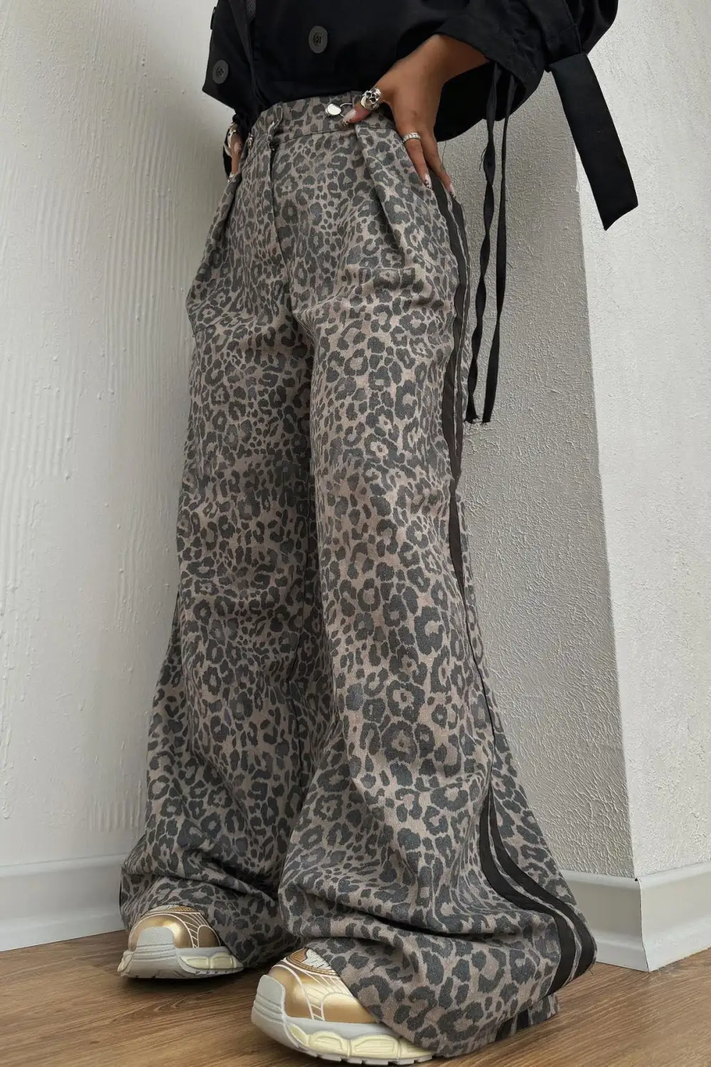 Leopard-Print High-Waist Wide-Leg Pants