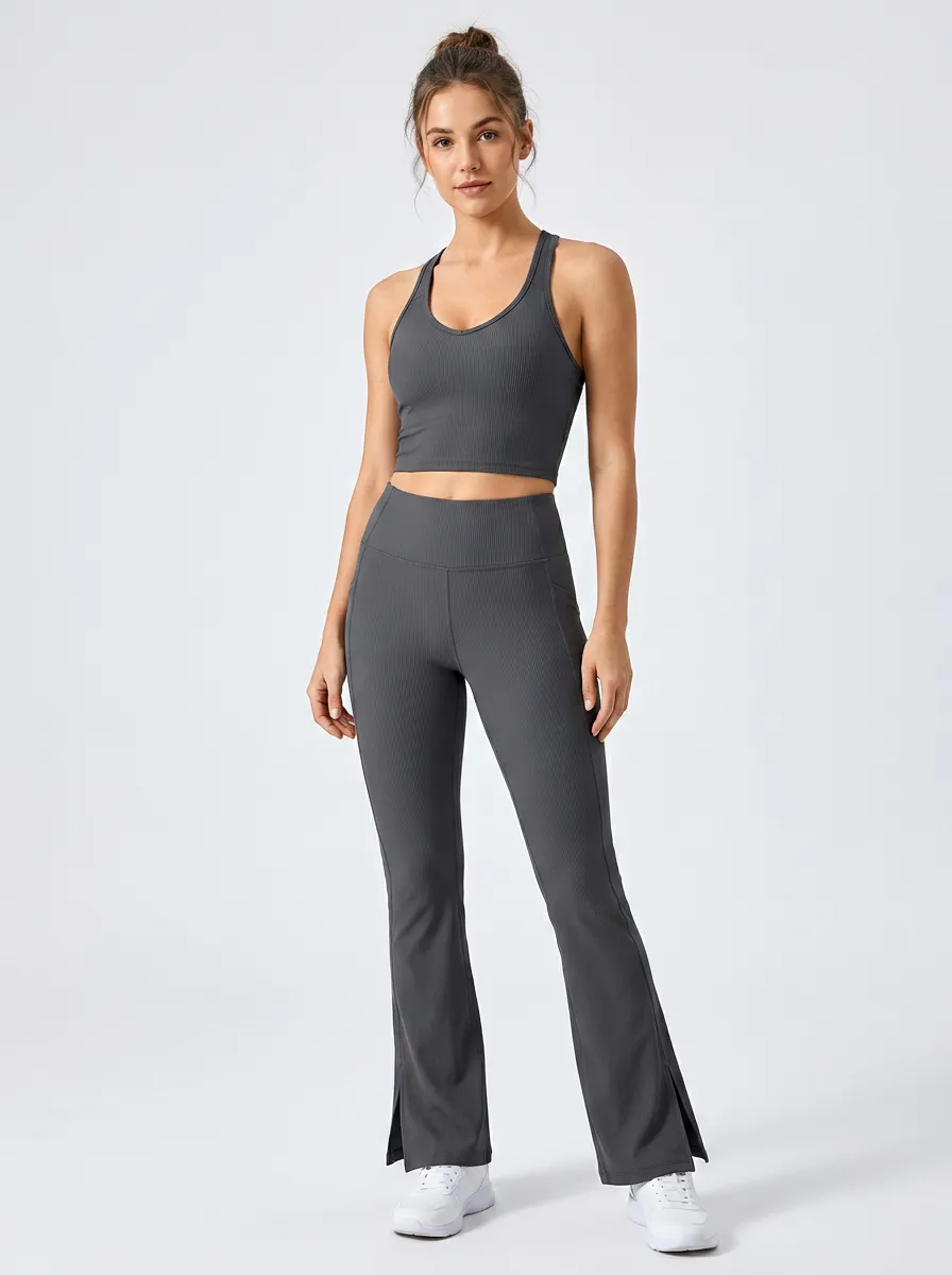 Women's Yoga Fitness Ribbed Racerback Crop Top Split Flare Leggings Set