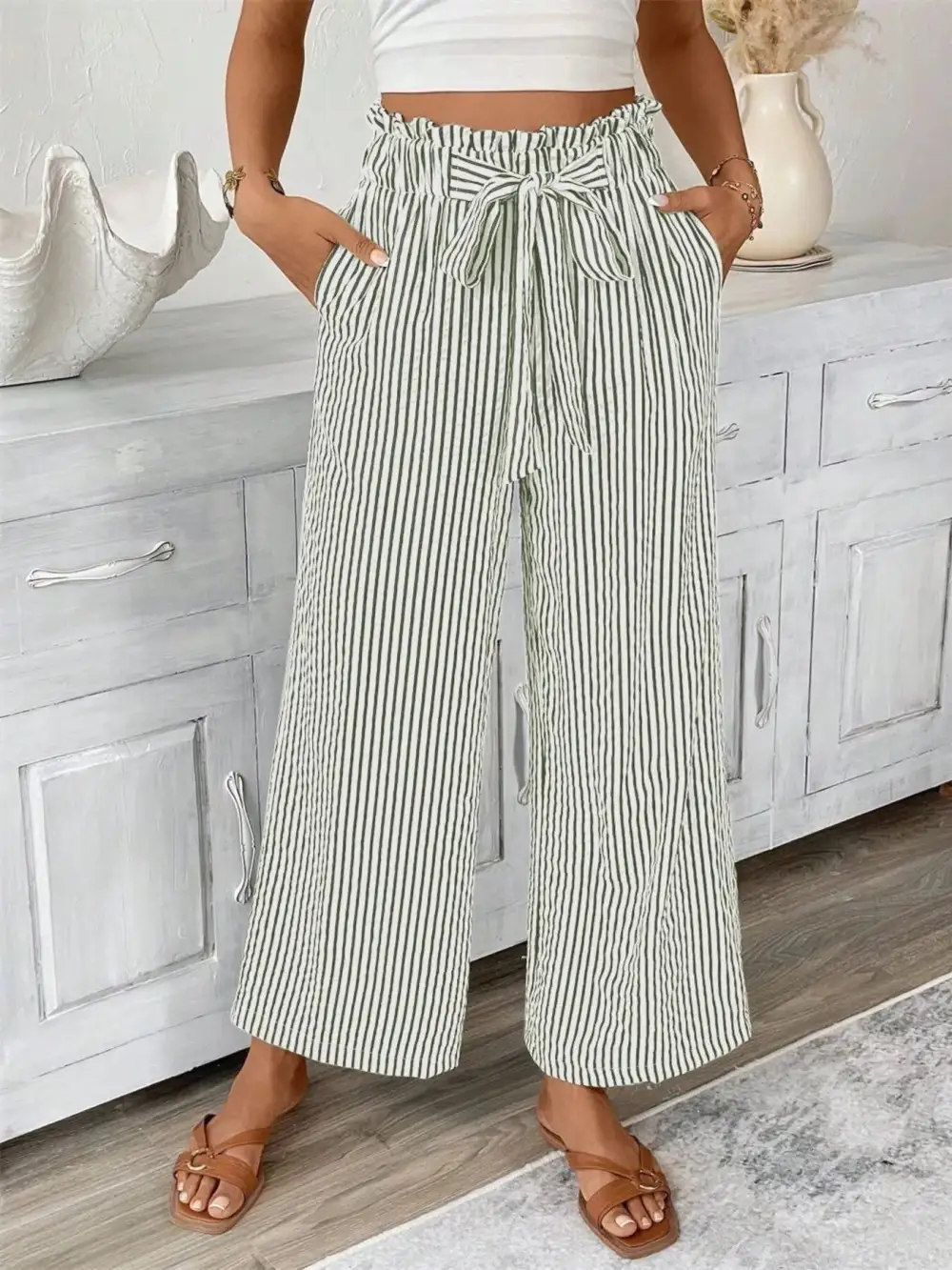 Wide Leg Paperbag Waist Striped Cropped Pants
