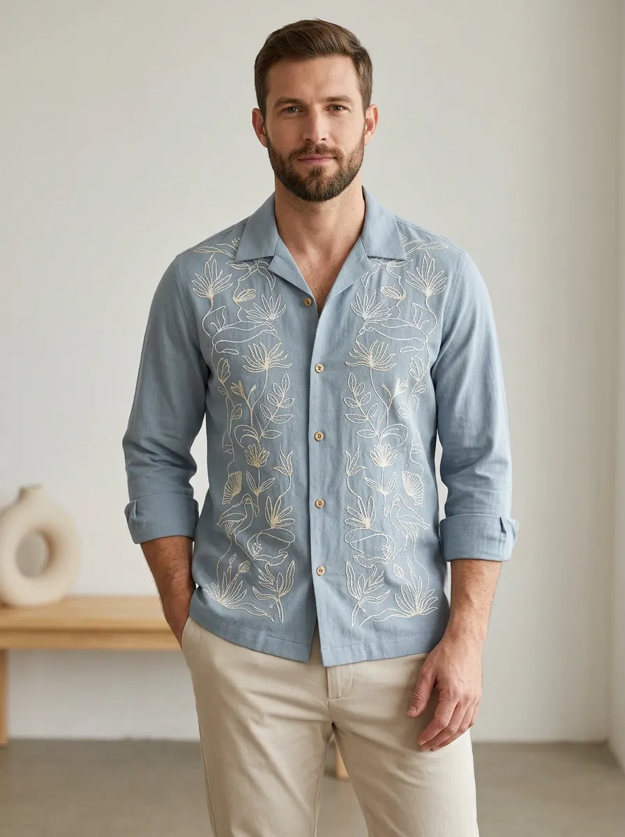 Men's Artful Botanical Embroidered Long Sleeve Shirt