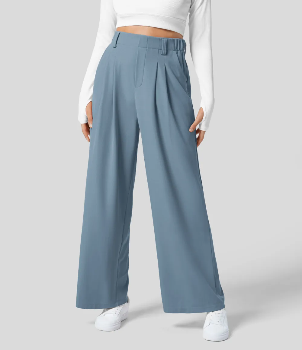 2026🔥  High Waisted Plicated Side Pocket Wide Leg Waffle Work Pants