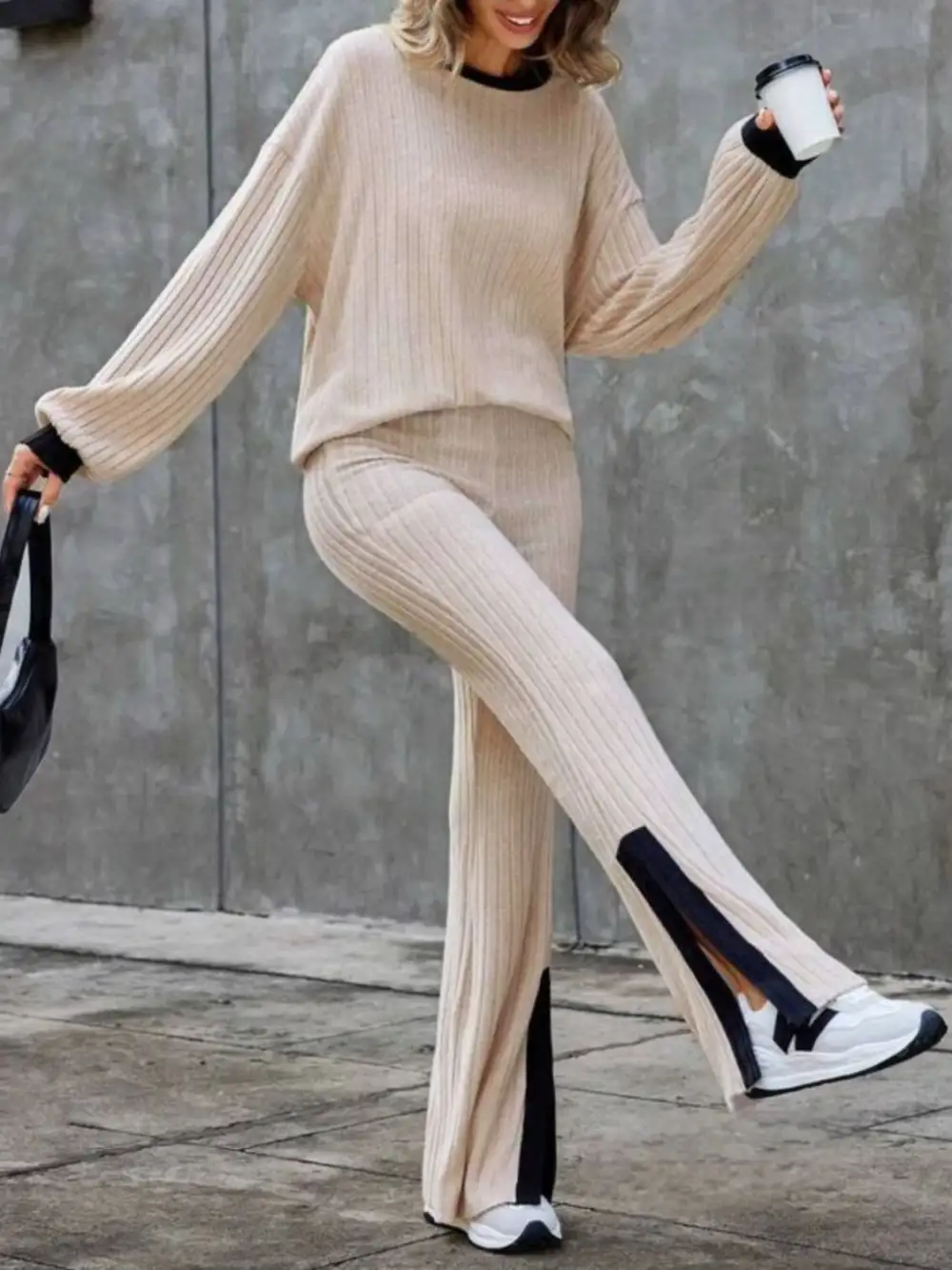 Contrast Round Neck Long Sleeve Top And Bootcut Pants Set