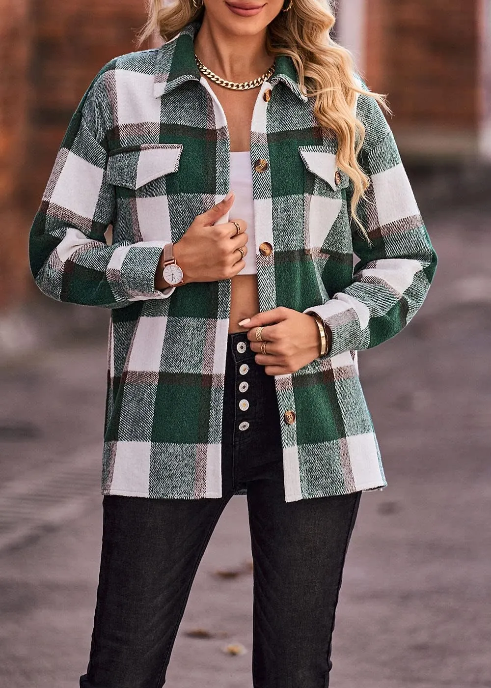 Women's 2023 Fall Clothes Plaid Shacket Jacket Long Sleeve Button Down Flannel Shirts Fashion Blouse