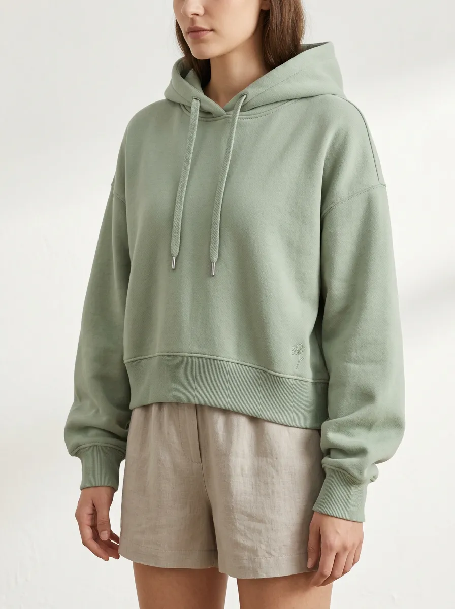 Women's Minimalist Flower Embroidered Sage Green Cropped Hoodie