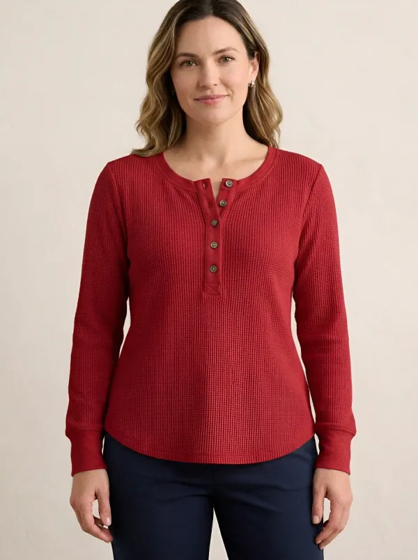 Women's Casual Minimalist Beige Waffle Knit Henley Shirt