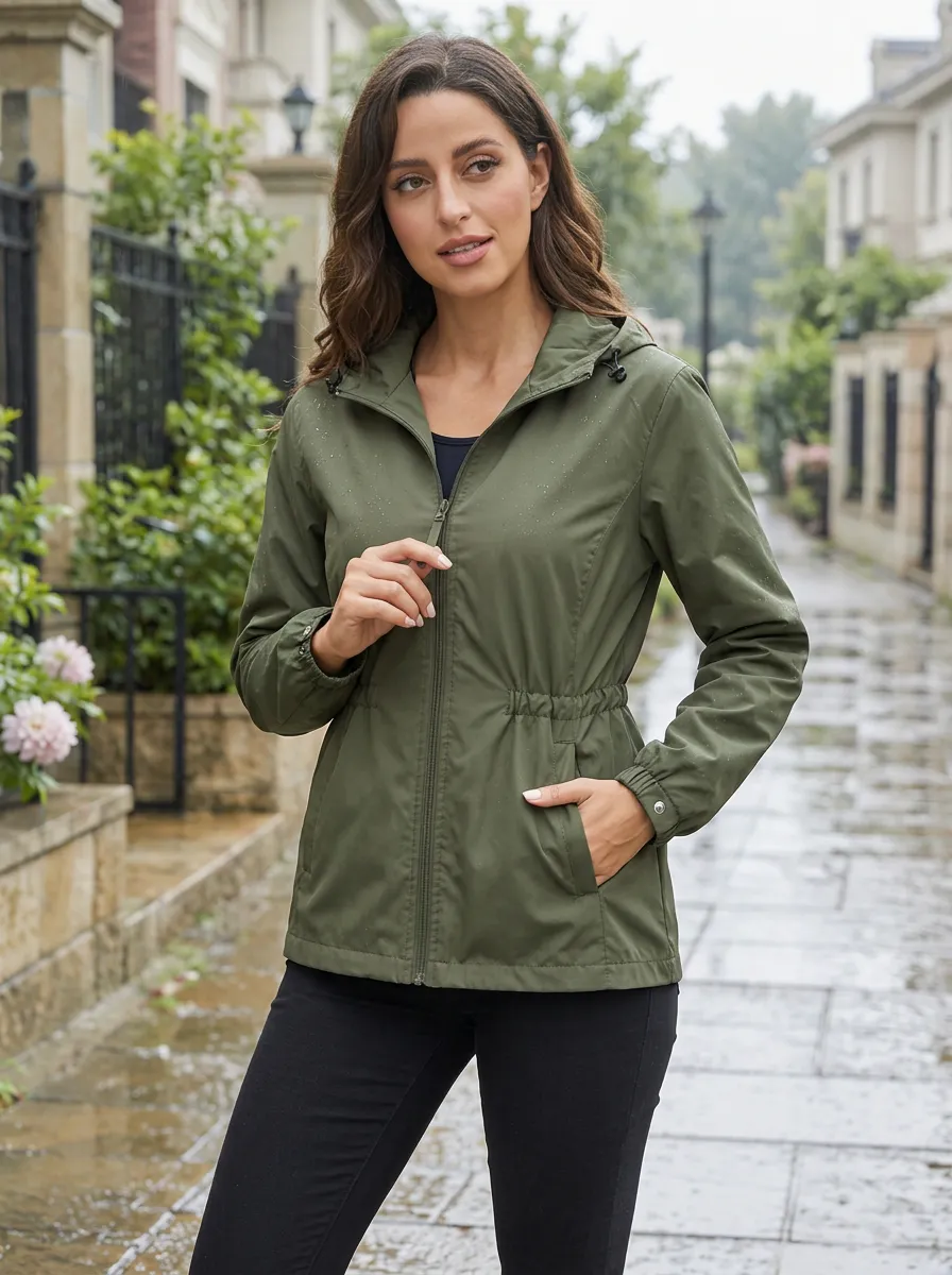 Women's Olive Green Hooded Waterproof Rain Jacket with Side Pockets