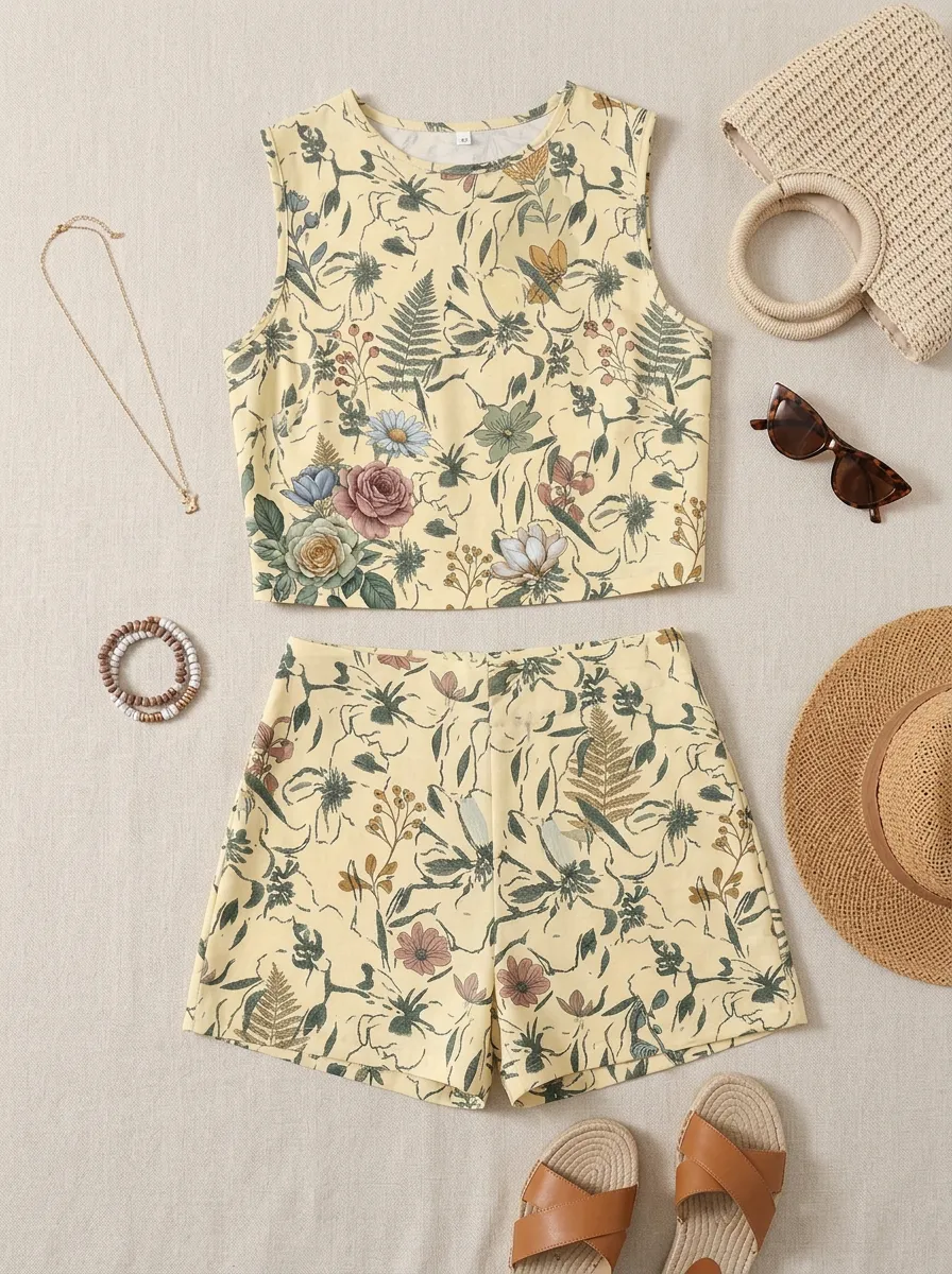 Women's Botanical Garden Floral Printed Sleeveless Shorts Set