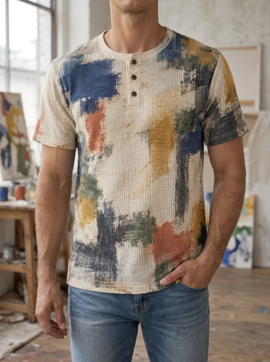 Men's Fresh Abstract Brushstroke Waffle Henley T-Shirt