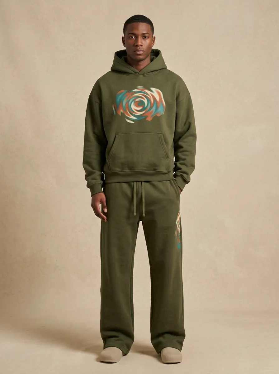 Men's Streetwear Abstract Swirl Printed Hoodie Sweatpants Set