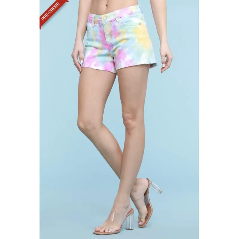 Rainbow Tie-Dye Cutoff Denim Shorts