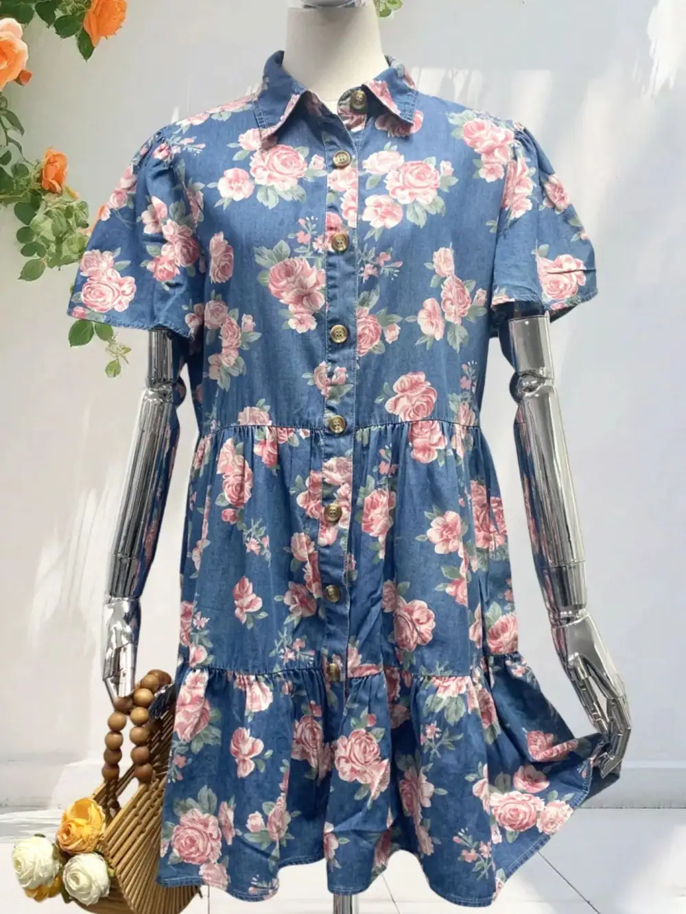 Floral Printed Denim Mini Dress