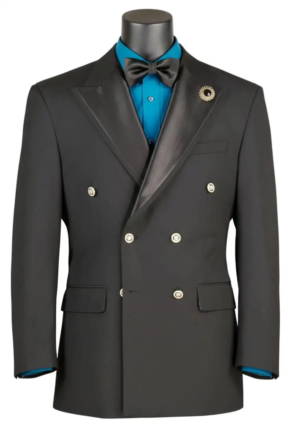 Black Modern Fit Satin Double Breasted Peak Lapel Side Vents Blazer
