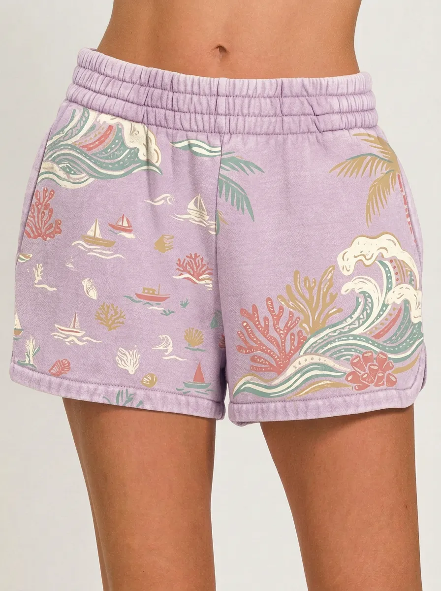 Women's Beach Vacation Ocean Wave Coral Boat Printed Shorts