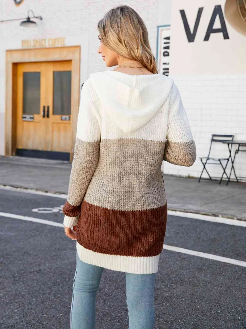 Open Front Hooded Color Block Cardigan