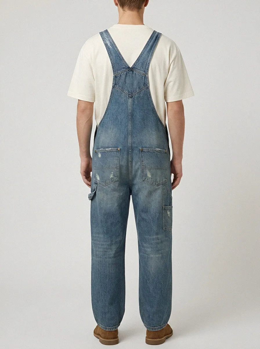 Men's Dungaree Distressed Denim Bib Overalls