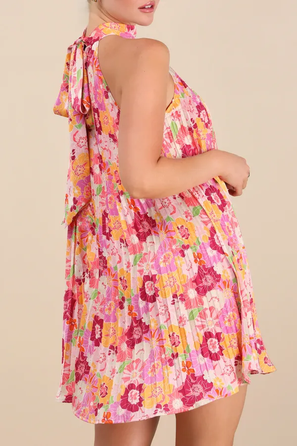 Pink Multi Floral Pleated Shift Mini Dress
