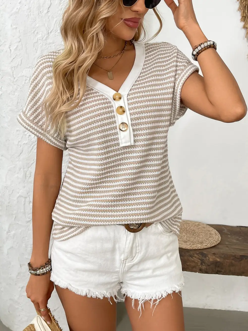V-Neck Short-Sleeve Button-Detail Striped T-Shirt