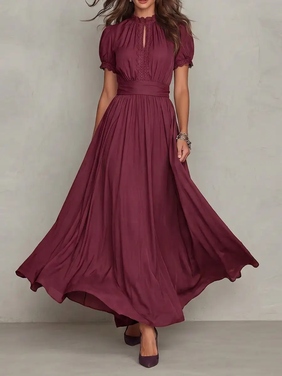 Pleated Buttoned Neck Maxi Dress