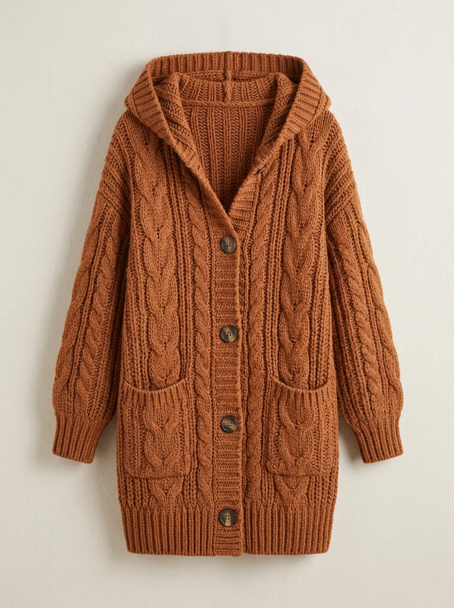Women's Charcoal Cable-Knit Button-Front Patch-Pocket Hooded Cardigan
