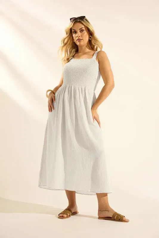 Natural Brown Shirred Linen Midi Dress